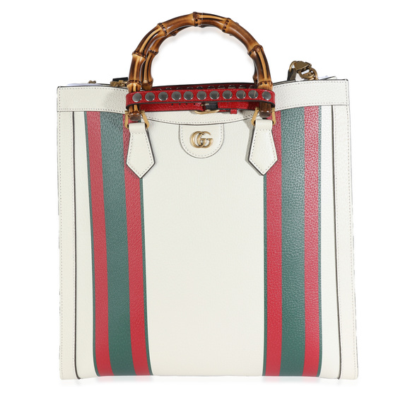 Gucci Handbags - Gucci White Textured Dollar Calfskin Web Large Diana Tote